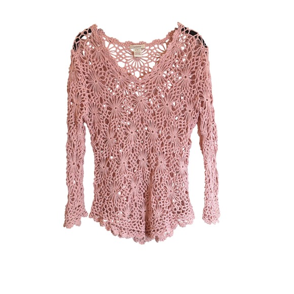 Sundance Sweaters - Sundance Pink Crochet Knit Sweater Top Floral‎ Medallion V-Neck Cotton Boho M